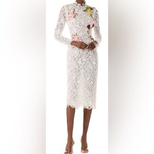 Monique Lhuillier Long Sleeve Embroidered Lace Midi Dress